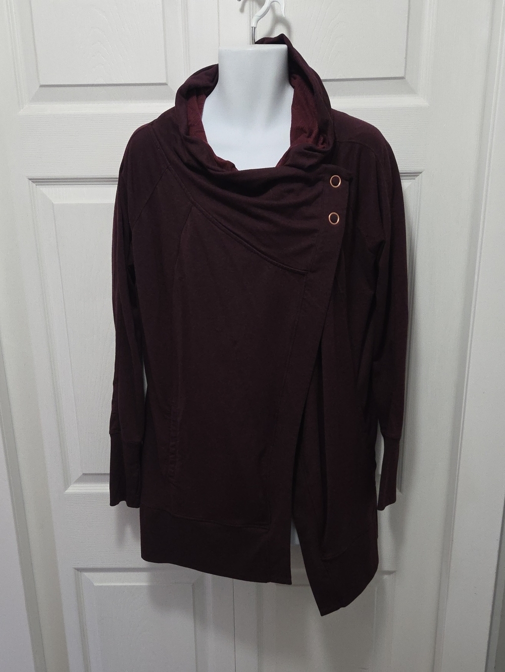 Shambhala XL Open Front Cowl-Neck Sweater Cardigan in Deep Wine